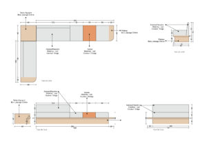 Plan d'aménagement de l'espace d'accueil commercial Inaam, montrant les dimensions, les matériaux et les couleurs des différents éléments de l'assise et de la table d'appoint. Les assises et dossiers sont en cuir couleur grège, avec une assise supplémentaire en cuir couleur orange, le tout sur un plateau en bois plaqué chêne.