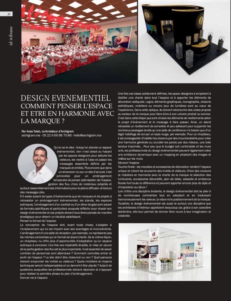 Article par Anas Taleb sur l'importance du design événementiel pour créer des espaces en harmonie avec l'identité de la marque.