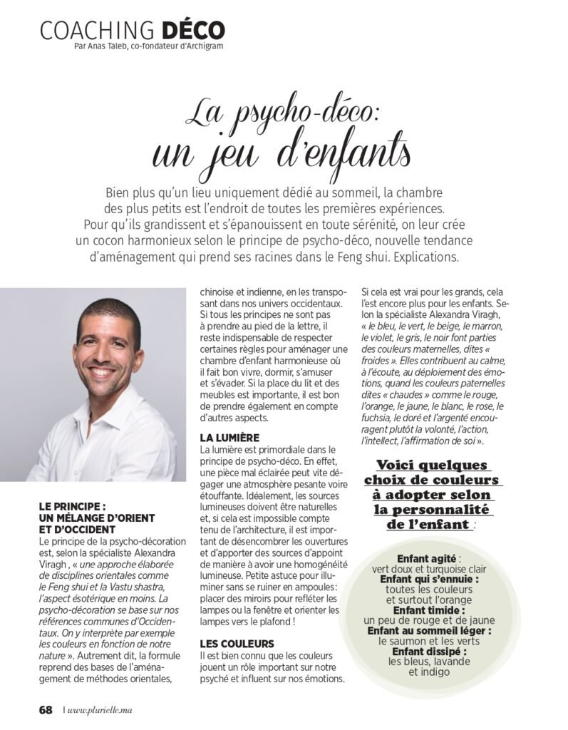 Article de coaching déco par Anas Taleb sur la psycho-décoration, abordant des techniques pour aménager des chambres d'enfants en harmonie avec le Feng Shui.