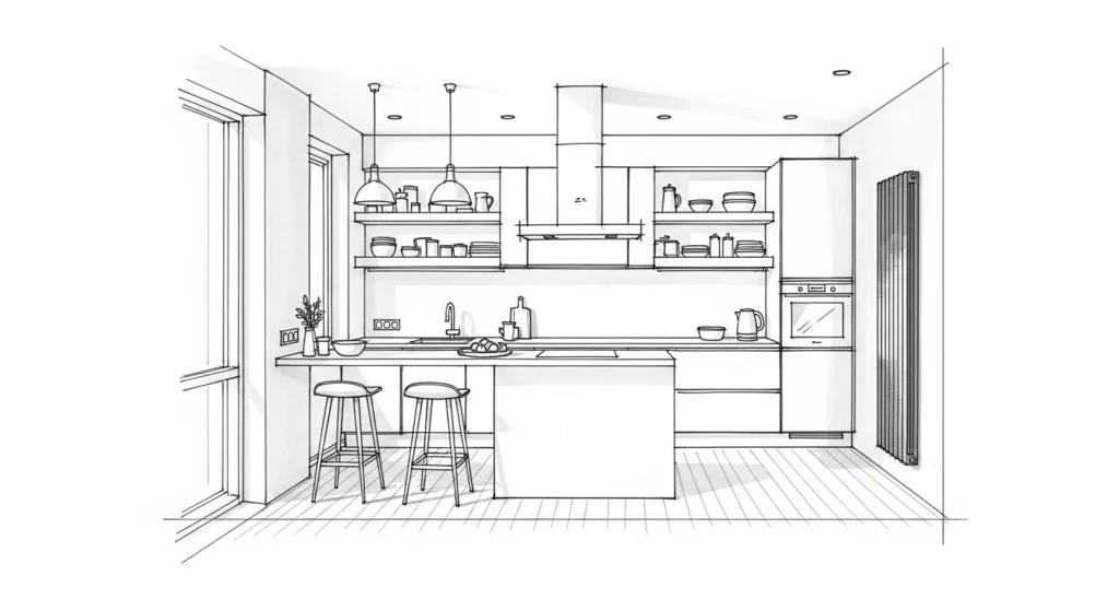 Dessin technique d’une cuisine moderne conçue par un architecte d’intérieur avec îlot central, rangements ouverts et optimisation de l’espace