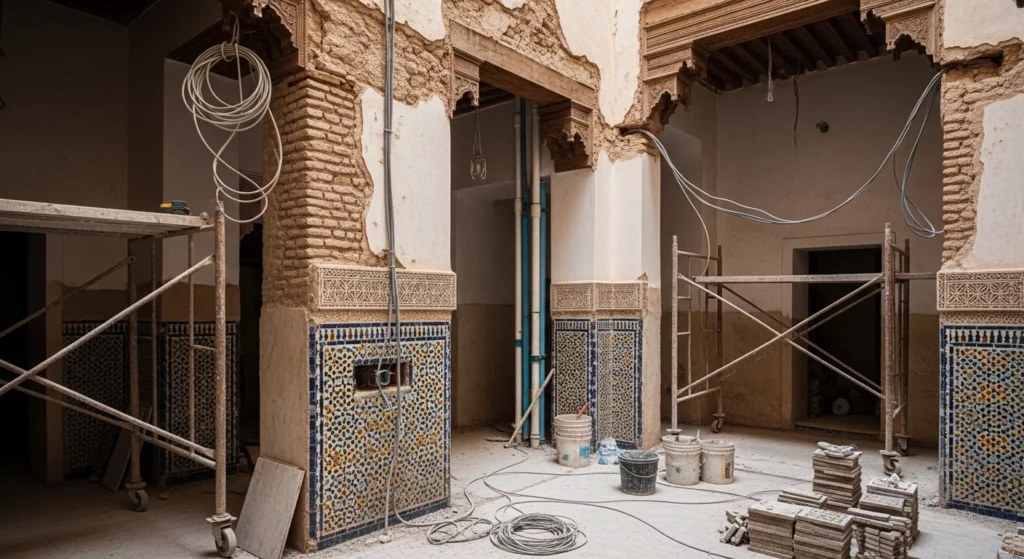 Restauration d’un bâtiment traditionnel marocain illustrant les défis de conservation du patrimoine architectural marocain