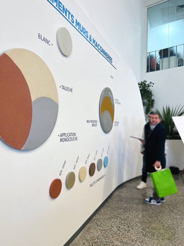 Exposition de finitions murales et de maçonneries au Sustainable Construction Lab, avec une palette de couleurs et des textures