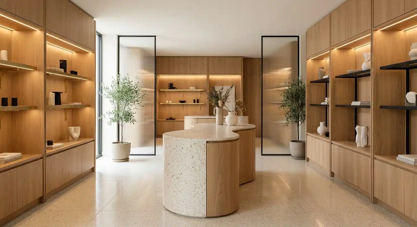 Showroom livré par un architecte d'intérieur Casablanca — présentoirs sur-mesure en chêne et éclairage intégré, Archigram®