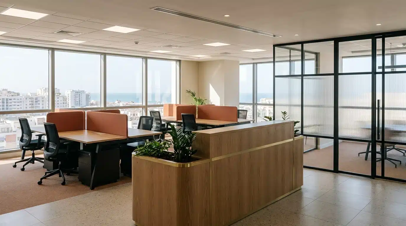 Plateau de bureaux open space livré par un architecte d'intérieur Casablanca — menuiserie sur-mesure, Archigram®