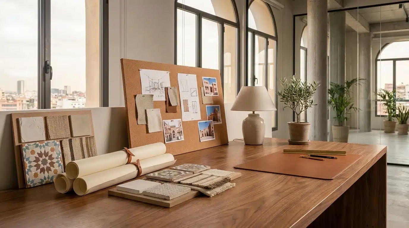 Plans et échantillons sur le bureau d'un architecte d'intérieur à Casablanca — phase de conception par Archigram®