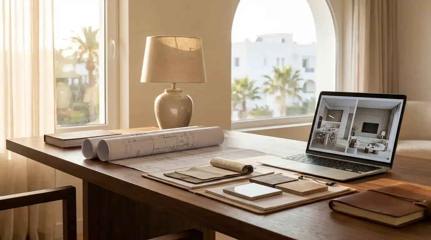 Bureau d'architecte d'intérieur à Casablanca : plans, échantillons de matériaux et planche d'ambiance par Archigram®